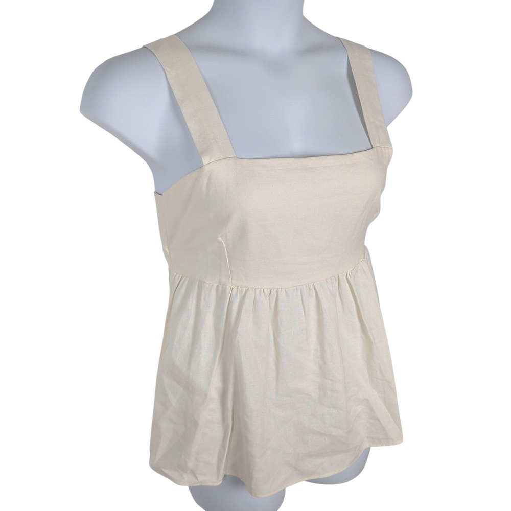 Linen Blend‎ Babydoll Tie Back Tank Top Cream Large Cottagecore Coastal Feminine